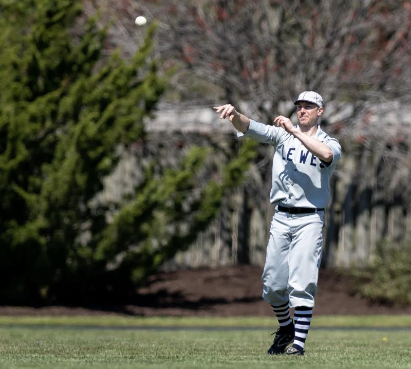 Joe "Milwaukee" Vilkowski, Lewes Base Ball Club centerfielder, throws a cleanly fielded ball back into the infield in a 2023 match. The team opens its home season at noon, Sunday, April 21, at at the Villages of Five Points. Game admission is free and spectators are encouraged to bring chairs or blankets to take in 1864-rules base ball. SUBMITTED PHOTO